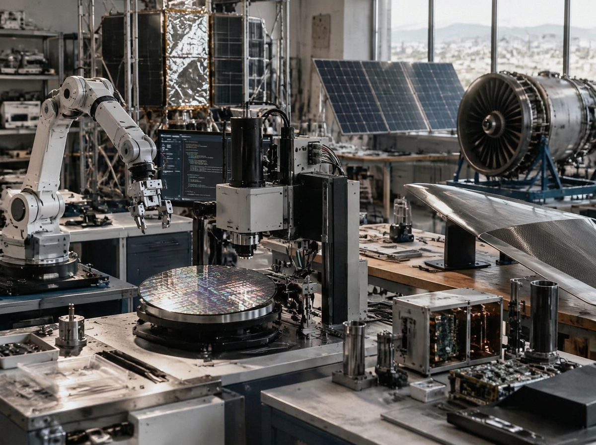 Frontier technology hardware, robotics and semiconductor equipment in a research workshop