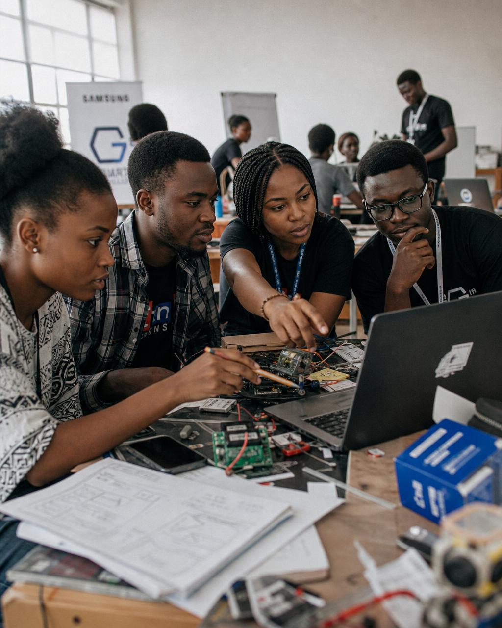 Students building hardware prototypes together at the I2I Hackathon