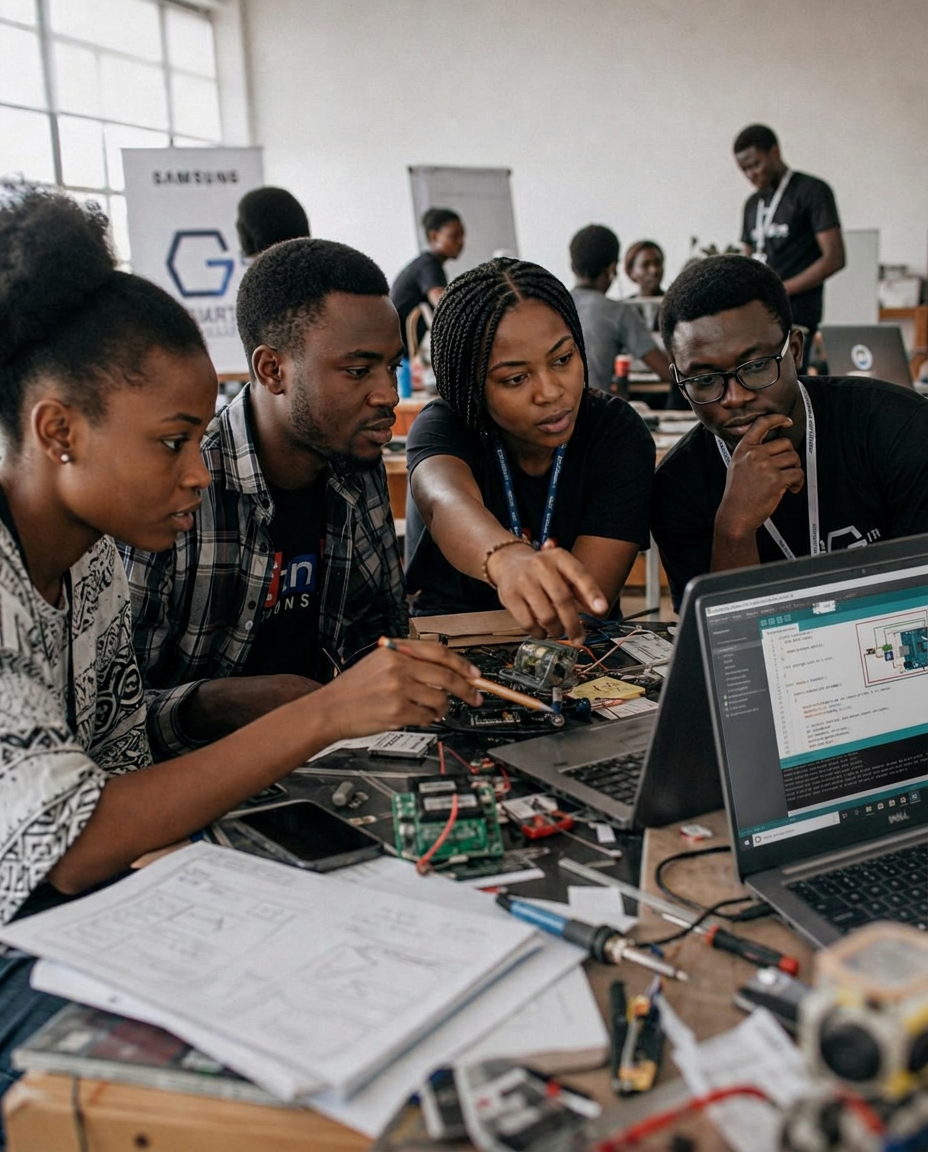 Students building hardware prototypes together at the I2I Hackathon