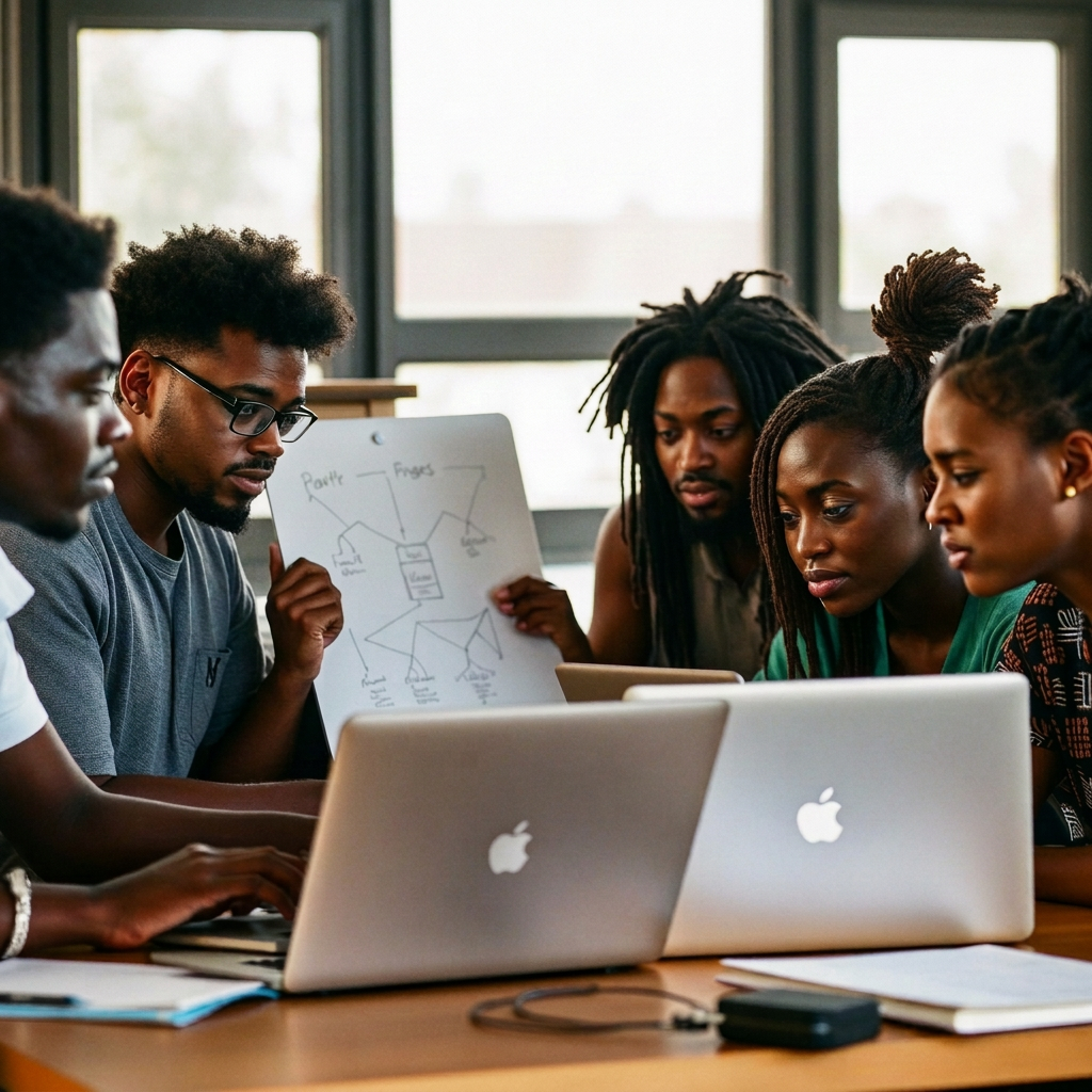 Students collaborating at the I2I Hackathon in Accra, Ghana