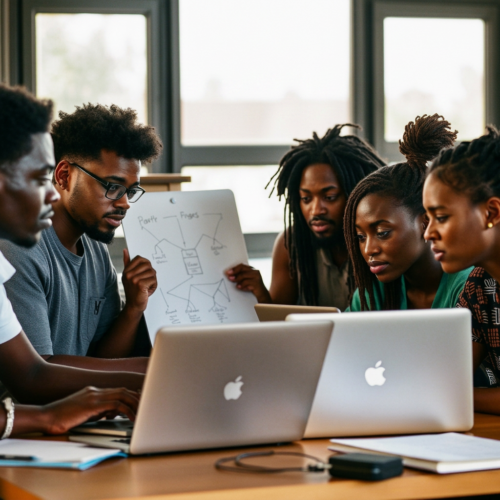 Students collaborating at the I2I Hackathon in Accra, Ghana