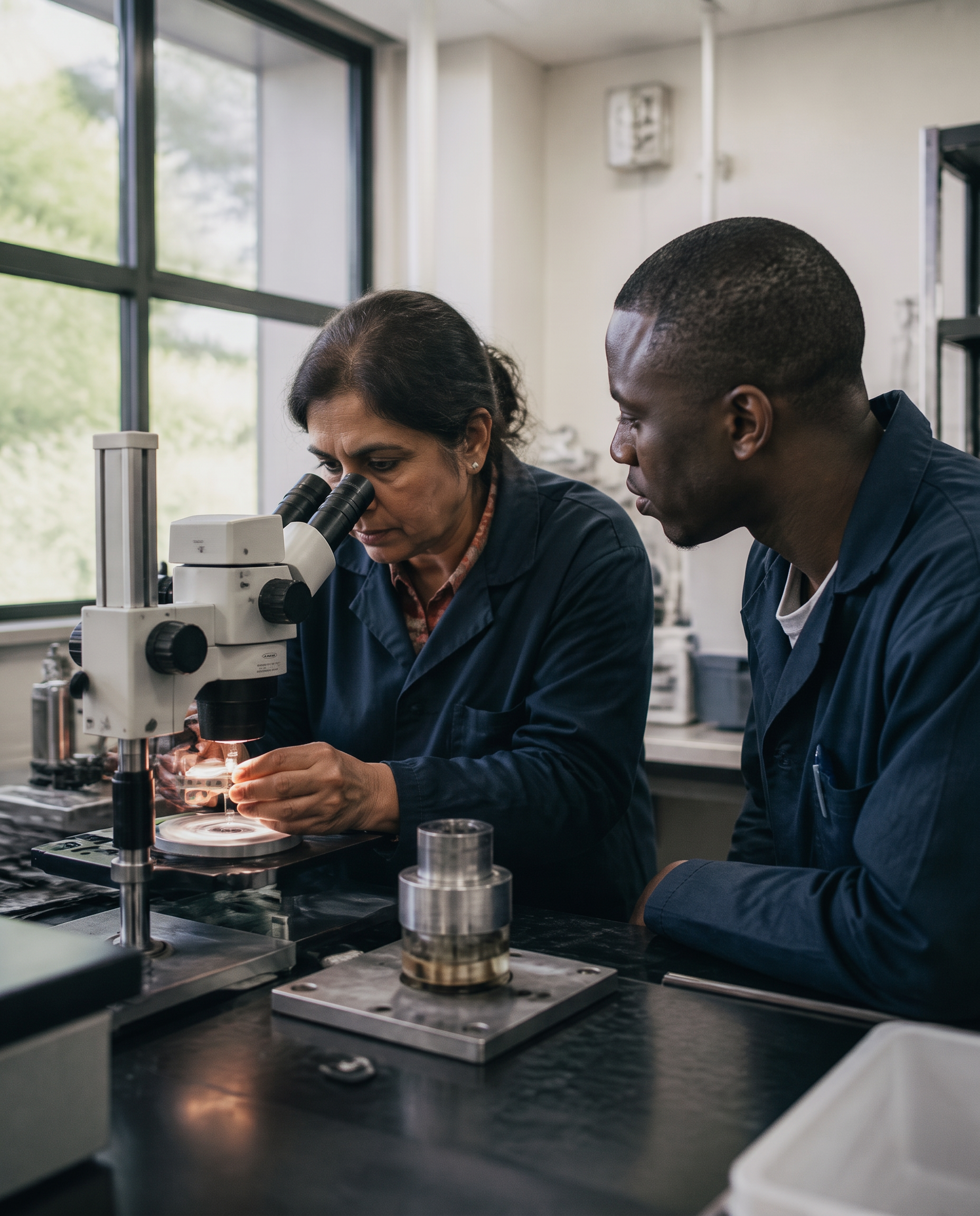 Engineers examining precision equipment in a laboratory