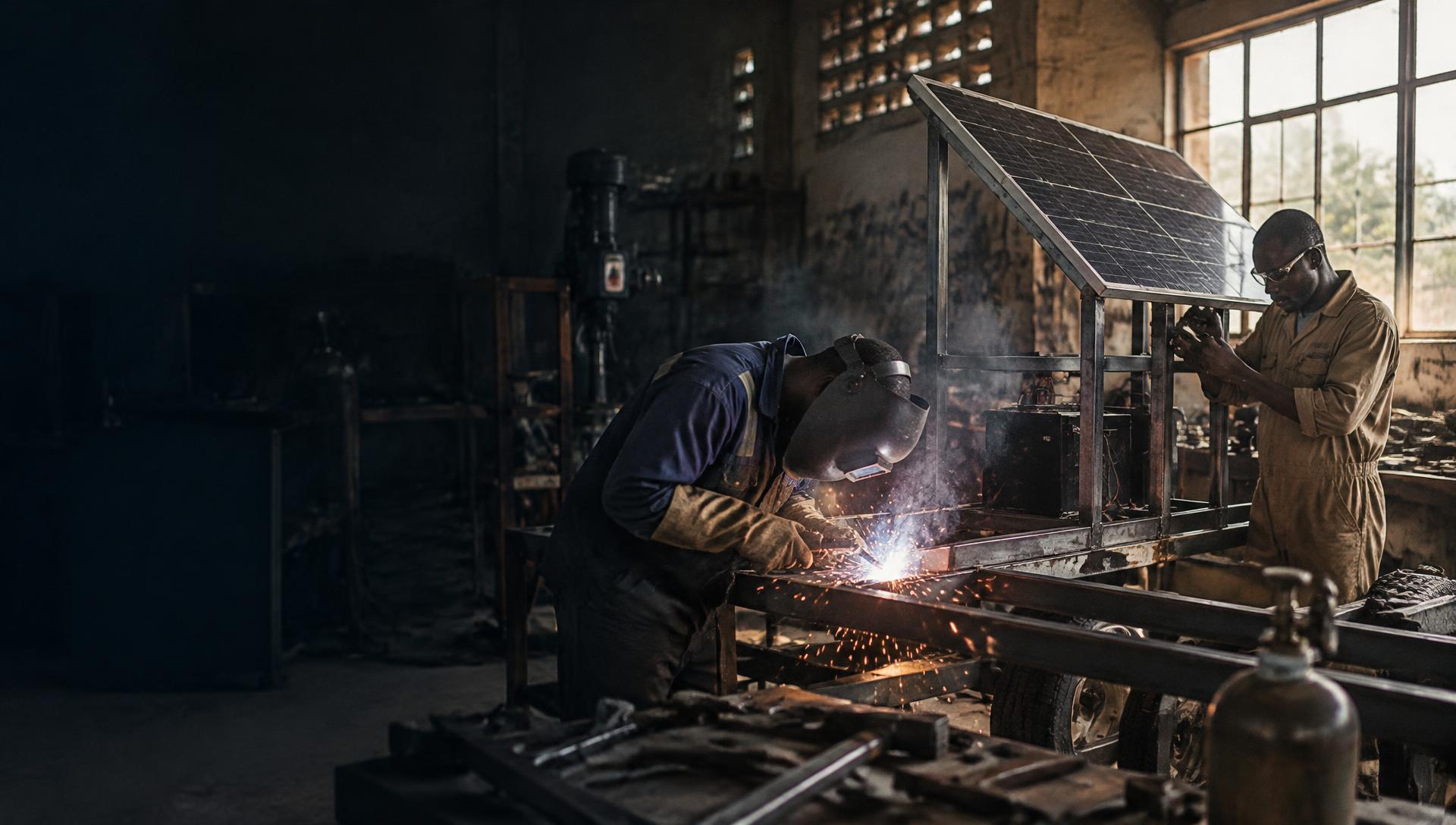 Engineers assembling a steel frame in a fabrication workshop